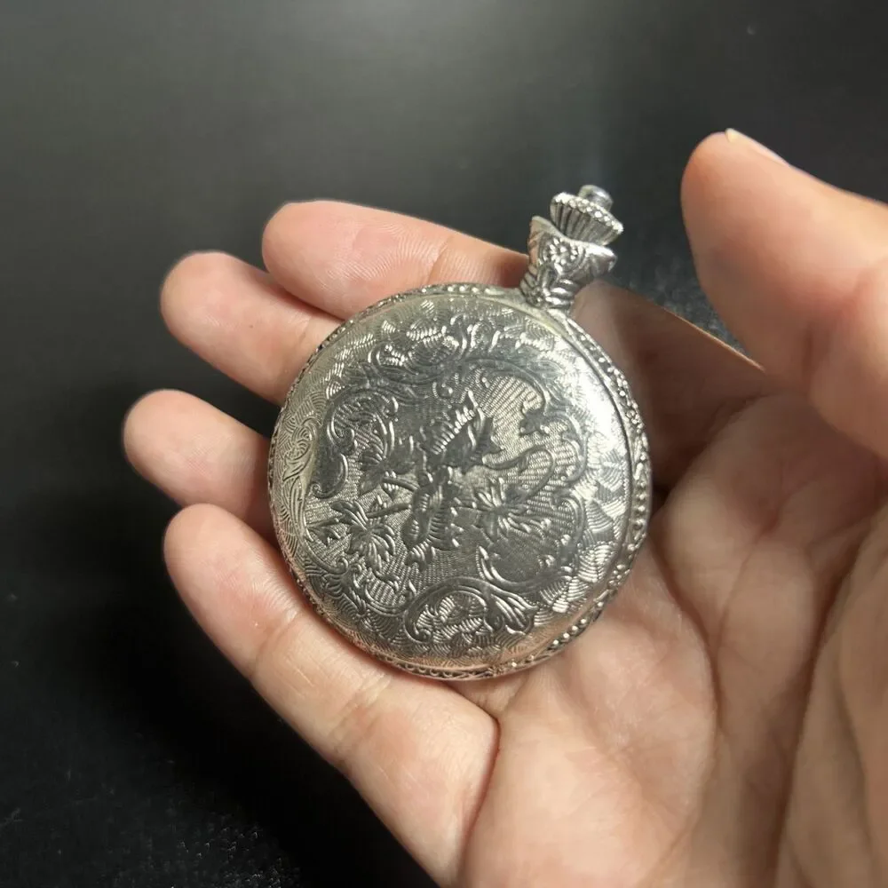 Silver Full Hunter Pocket Watch Eagle Design Arabic Numerals Polished Case